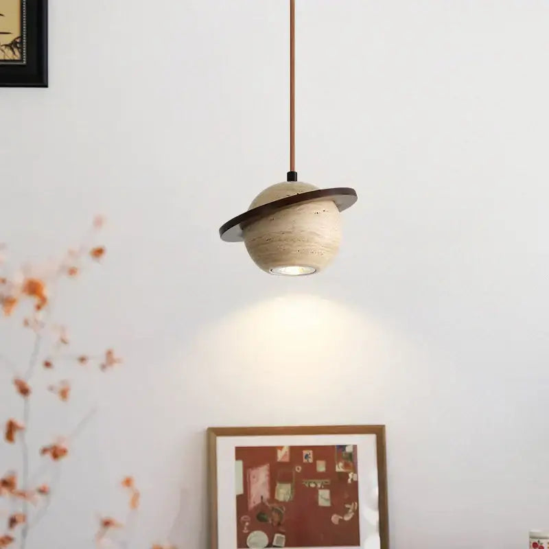 Beige cave stone led pendant light with wood ring and copper rod for living room decorbites cave stone pendant lights