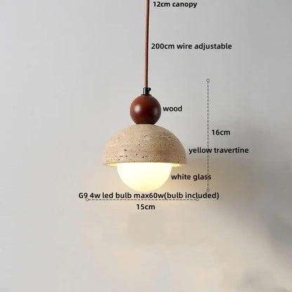 Beige cave stone led pendant light with warm yellow travertine dome and wood ring, ideal for living room decorbites cave stone