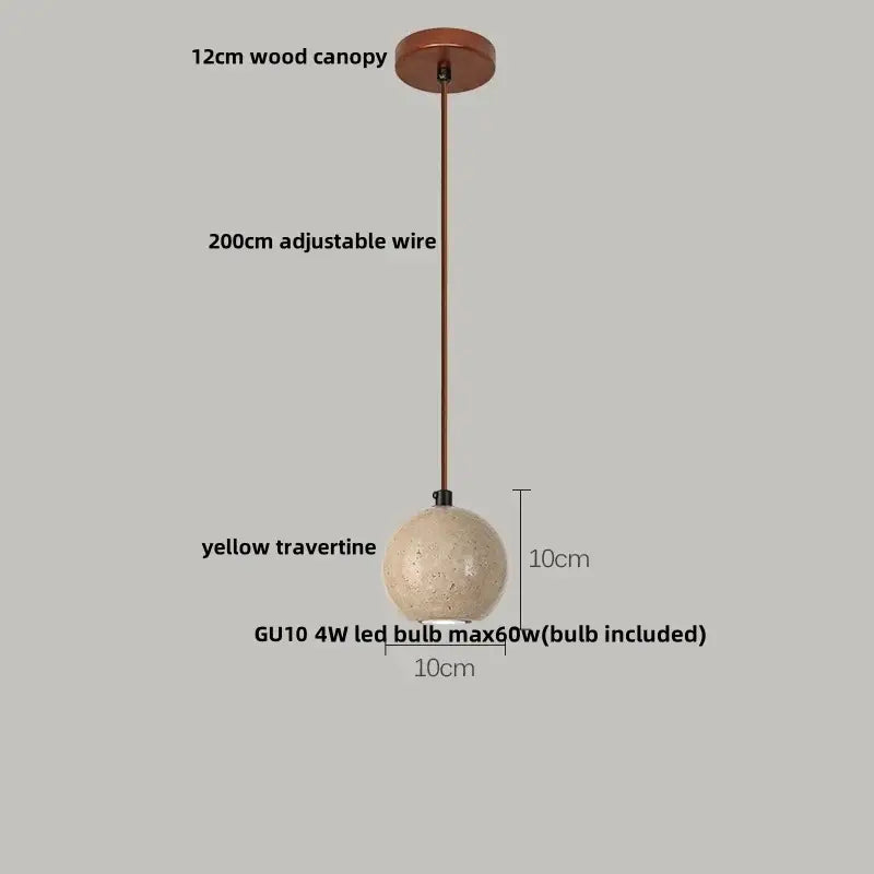 Beige cave stone led pendant light with 10cm textured yellow travertine sphere and wood ring for living room decorbites cave stone
