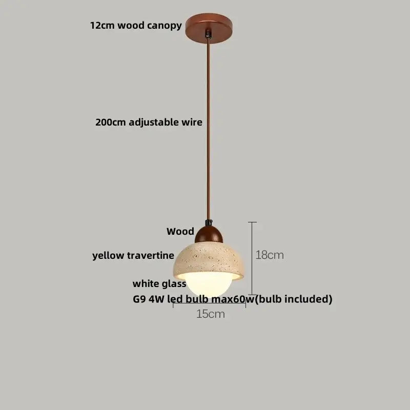 Beige cave stone led pendant lights with wood ring featuring yellow travertine shade and wooden canopy for living room decorbites cave stone