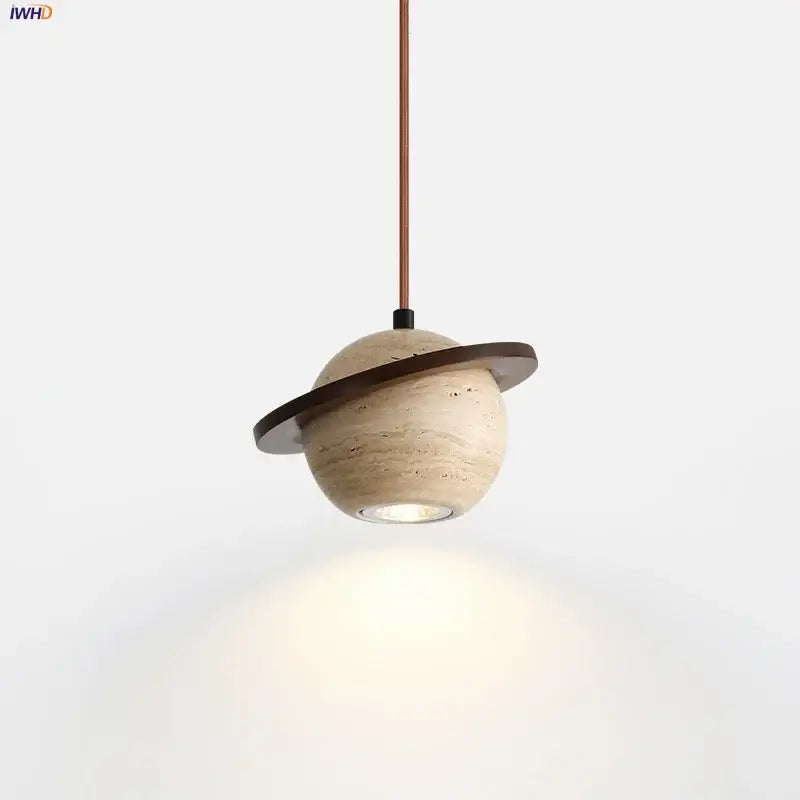 Beige cave stone led pendant light with dark wood ring by decorbites for elegant living room lighting decorbites cave stone