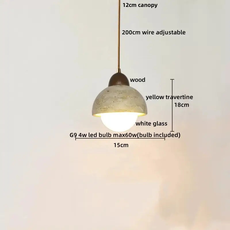 Beige decorbites cave stone led pendant light with wood ring featuring yellow travertine shade for living room decor