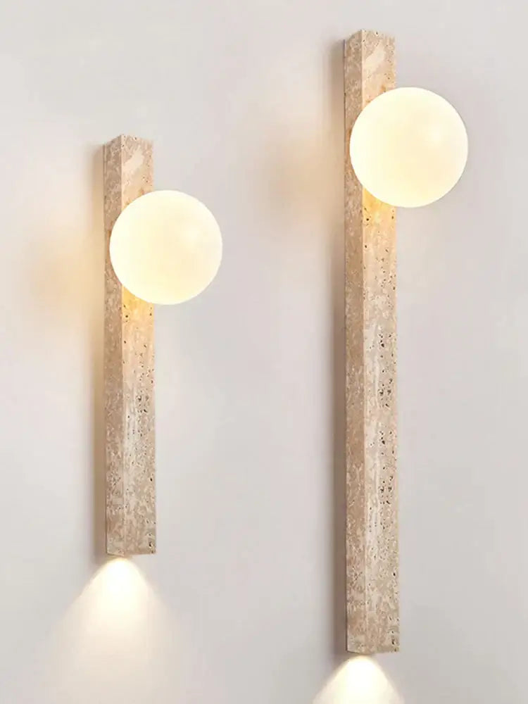 Modern beige cave stone wall lamp with textured stone base and dual white glass sconces for living room decorbites cave stone