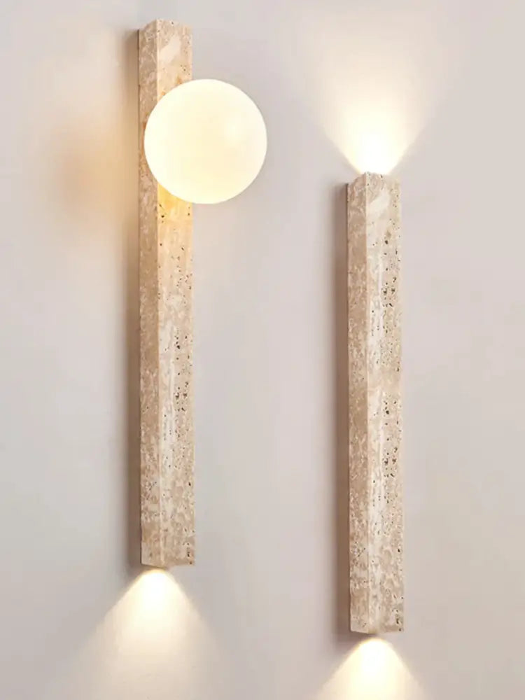 Beige cave stone wall lamp with spherical frosted glass shade and dual downward-facing lights for living room decorbites cave stone wall lamp