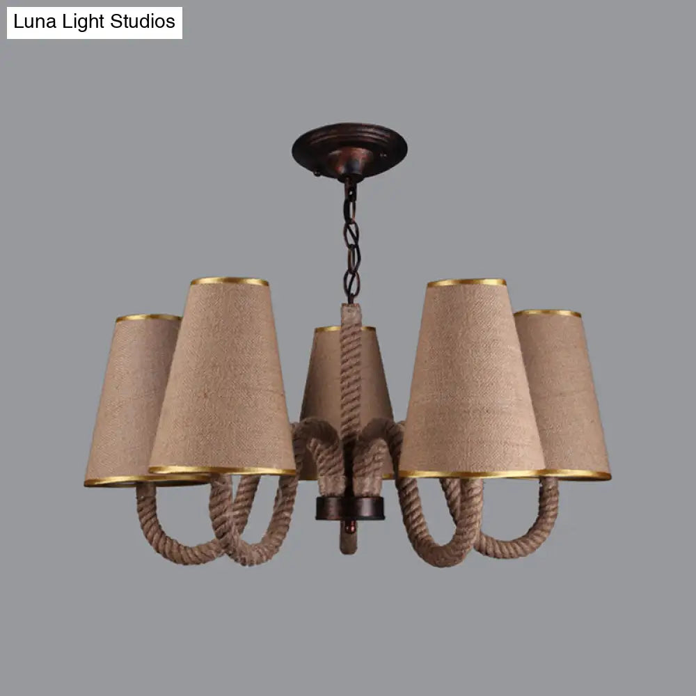 Beige Ceiling Chandelier with Antiqued Rope and Fabric Cone Shades - 3/5/8 Heads