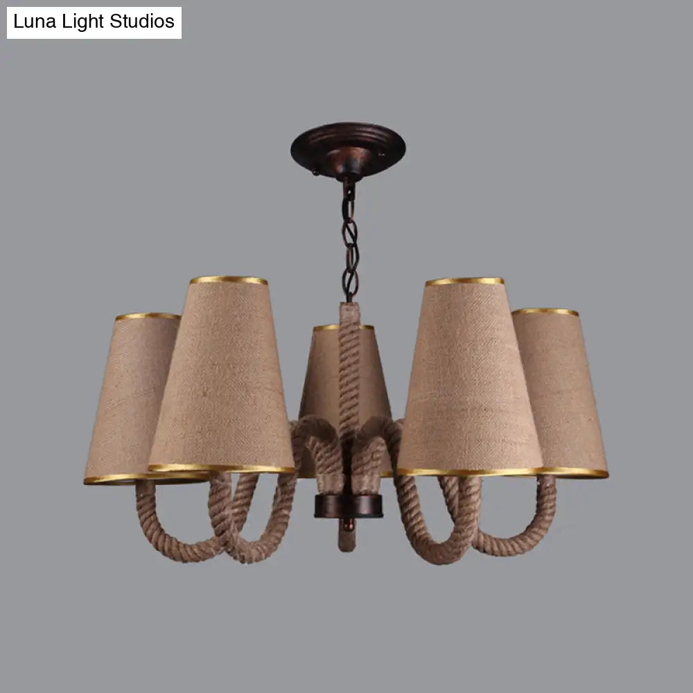 Beige Ceiling Chandelier with Antiqued Rope and Fabric Cone Shades - 3/5/8 Heads