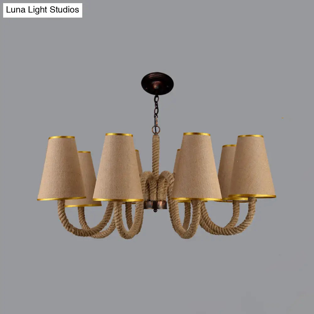 Beige Ceiling Chandelier with Antiqued Rope and Fabric Cone Shades - 3/5/8 Heads