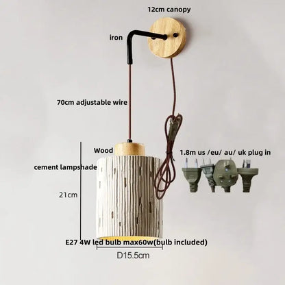 Beige cylindrical cement shade wood wall sconce with rustic textured surface for bedroom decorbites cement shade decor