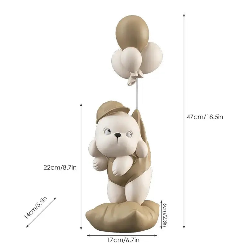 Beige ceramic balloon puppy statue featuring a cute resin balloon puppy figurine holding balloons for living room decor
