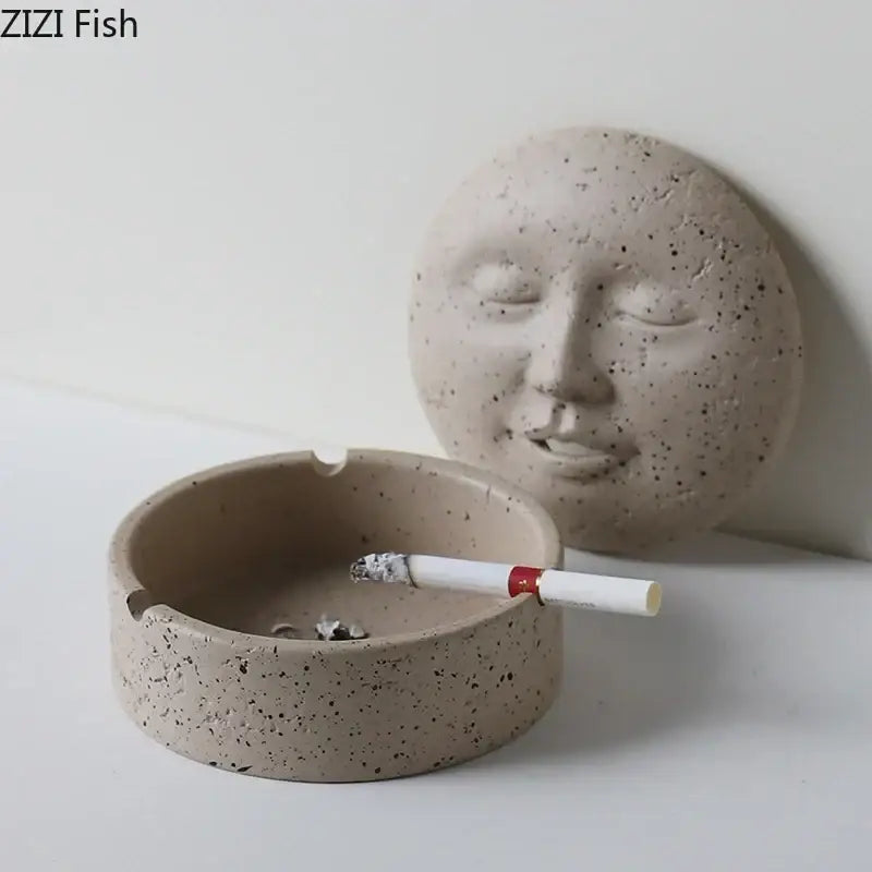 Beige ceramic human face character ashtray with matching lid featuring serene decorbites human face design for office decor
