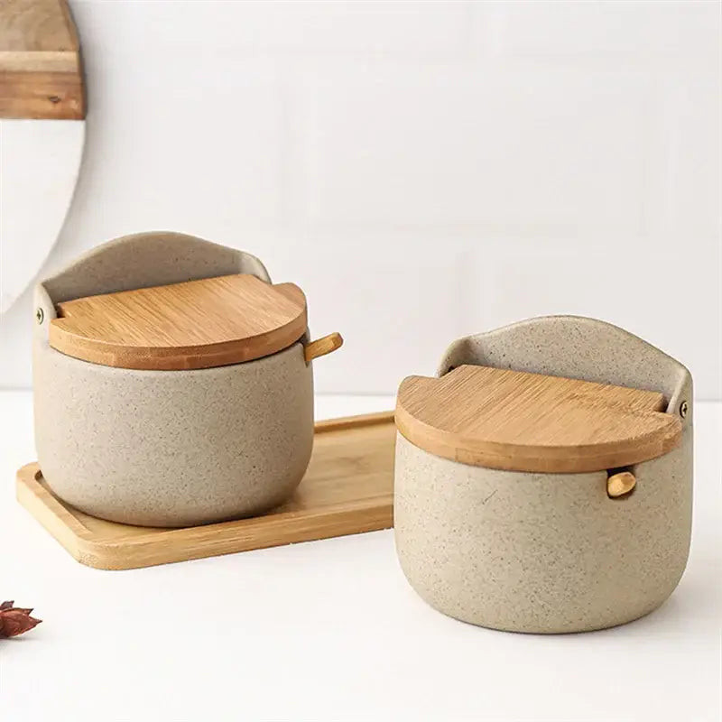 Beige ceramic seasoning jar set with bamboo lids and handles ceramic seasoning jar perfect for decorbites ceramic seasoning