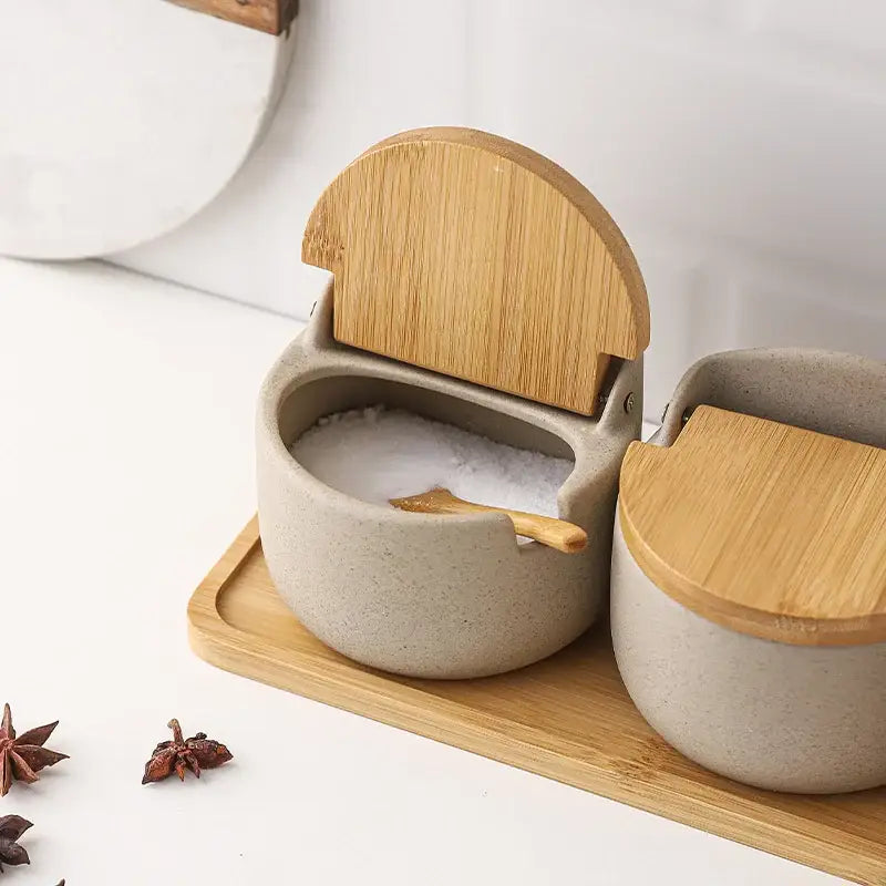 Beige ceramic seasoning jar set with bamboo lids and matching wooden spoon for kitchen shaker decorbites ceramic seasoning