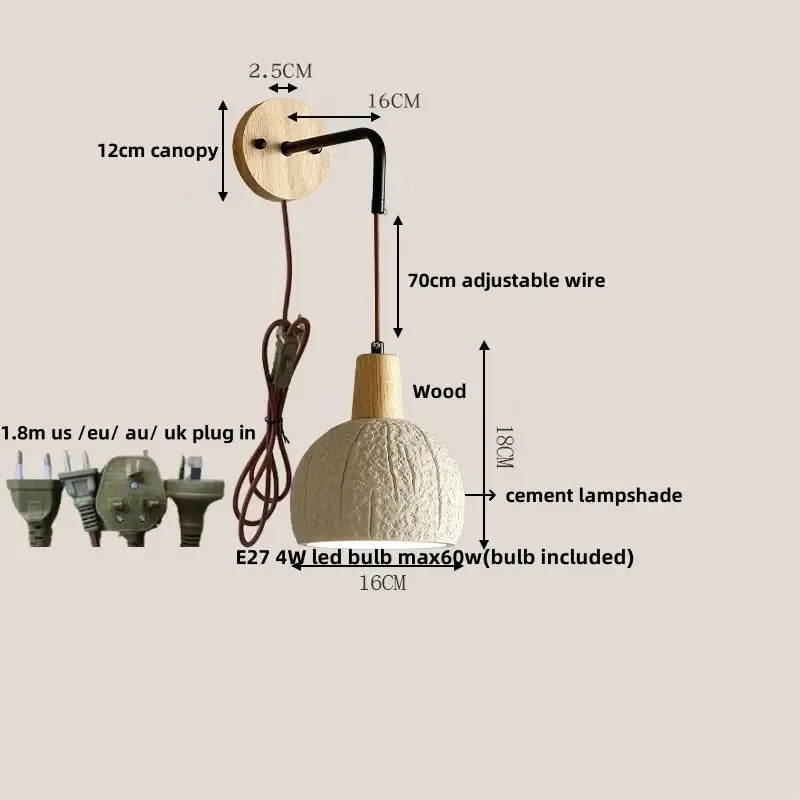 Beige ceramic wall sconce with textured cement shade wooden canopy and pull chain switch for bedroom lighting