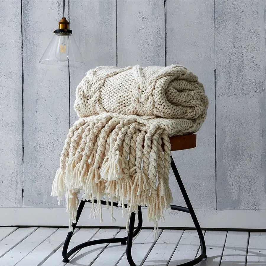 Beige chunky knit tassel throw blanket with cream braided texture and soft plaid design for bedroom decorbites beige chunky decor
