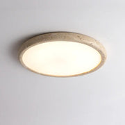 Beige concrete brass led flush mount ceiling lamp with circular recessed design and warm white illuminated center