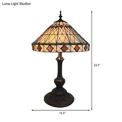 Beige Conical Desk Light: Rhombus 1 Bulb Tiffany Antique Glass Table Light for Living Room