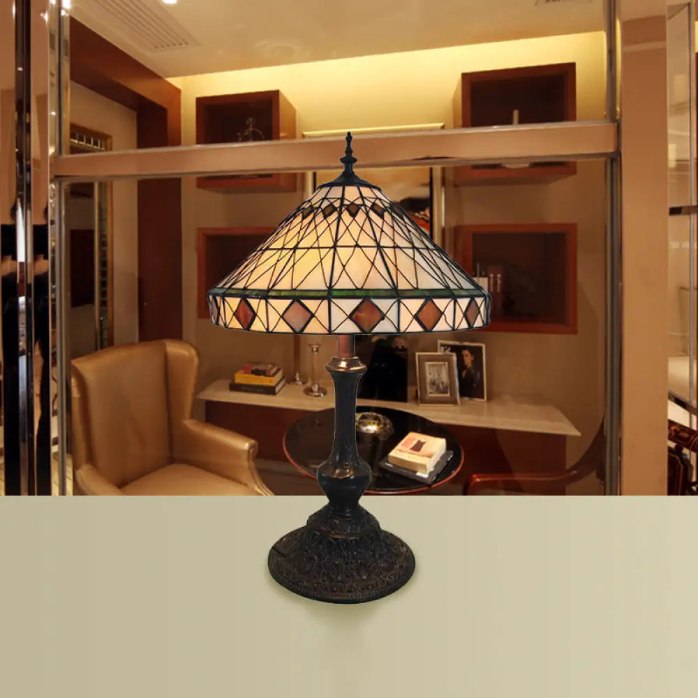 Beige Conical Desk Light: Rhombus 1 Bulb Tiffany Antique Glass Table Light for Living Room
