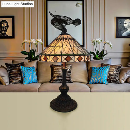 Beige Conical Desk Light: Rhombus 1 Bulb Tiffany Antique Glass Table Light for Living Room