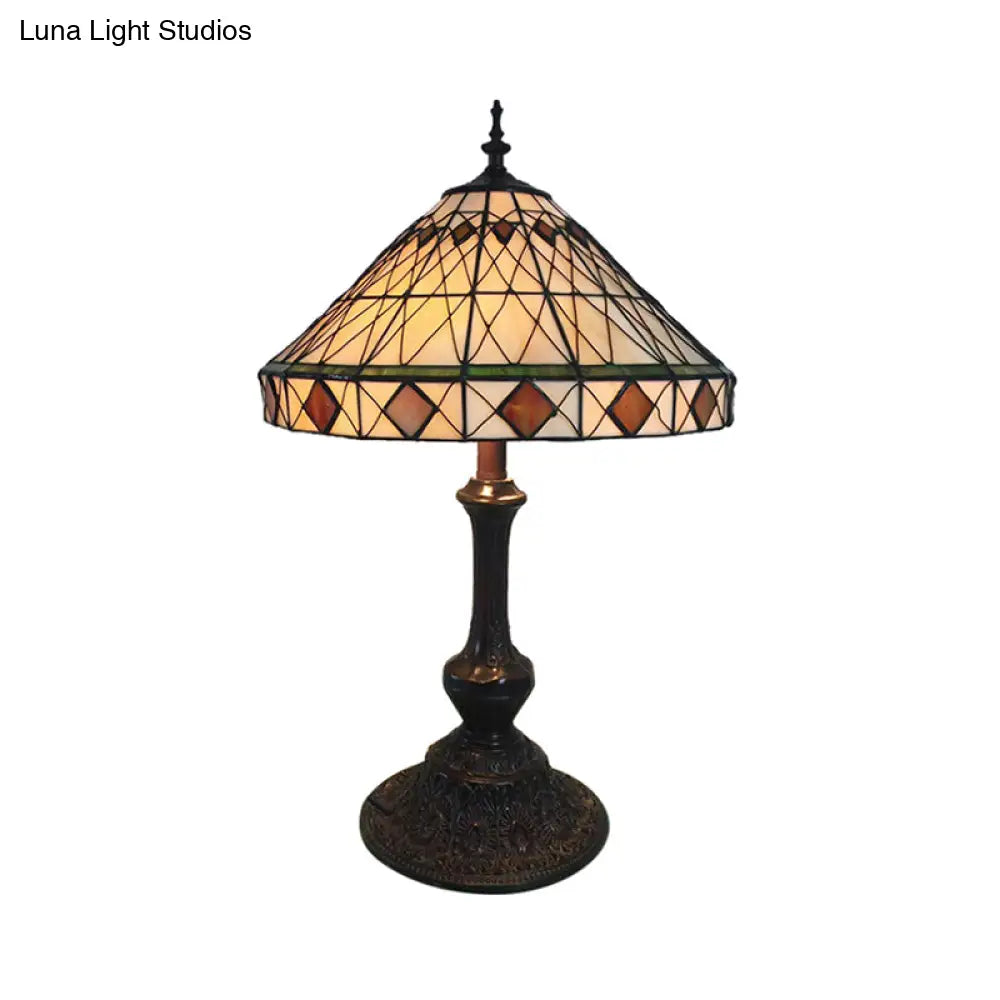 Beige Conical Desk Light: Rhombus 1 Bulb Tiffany Antique Glass Table Light for Living Room