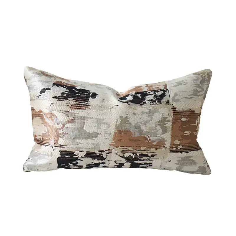Rectangular beige jacquard cushion cover with convex rings geometry pattern in muted brown and black tones for decorbites