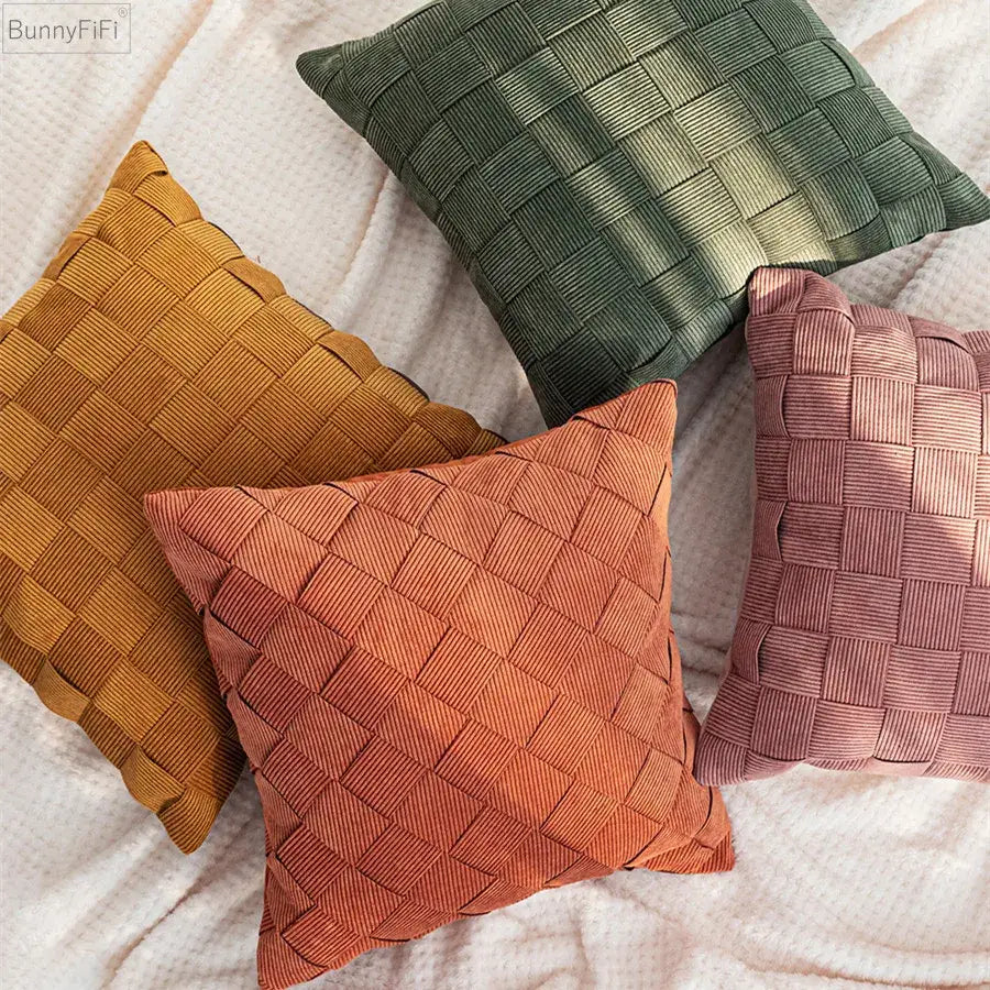 Four square pillow covers in woven fabric featuring earthy tones for living room bedroom decorbites grey weaving