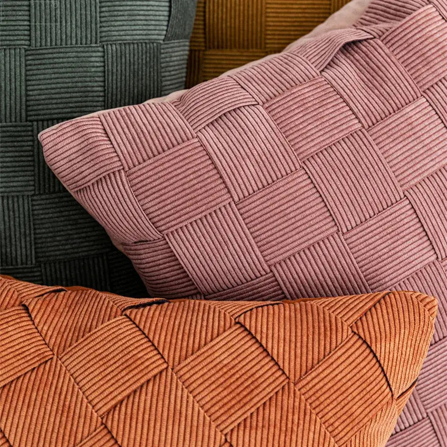 A soft pink corduroy pillow cover with woven texture for living room and bedroom decorbites grey weaving