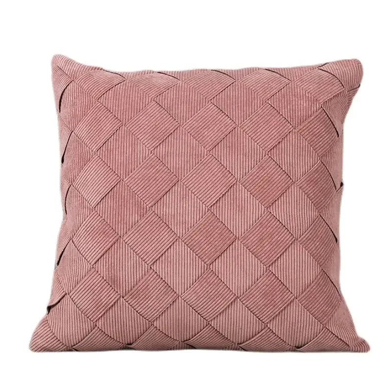 A soft pink corduroy pillow cover with a woven diamond pattern ideal for living room or bedroom decorbites grey weaving