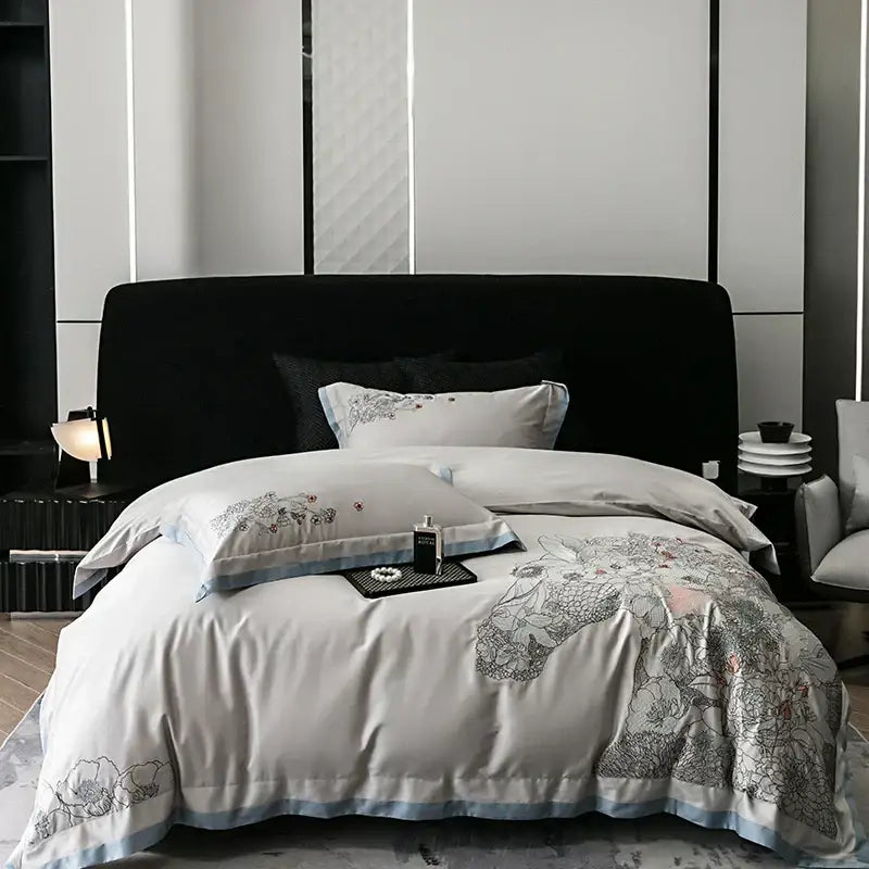 Elegant white satin bedding set with gray and blue floral embroidery for decorbites cotton flowers horse decor