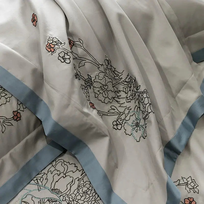 Beige cotton flowers horse embroidery bedding set with cream satin sheet and floral decorbites cotton flowers detailing