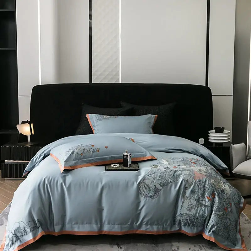 Light blue satin duvet bedding set with delicate floral embroidery and peach piping for decorbites cotton flowers decor