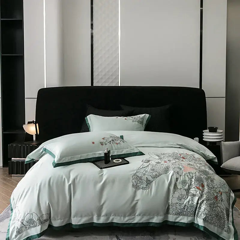 Light green satin bedding set with floral embroidery and dark green piping for decorbites cotton flowers horse decor