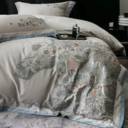 Beige cotton flowers horse embroidery bedding set featuring satin duvet cover with black pink floral embroidery and blue piping