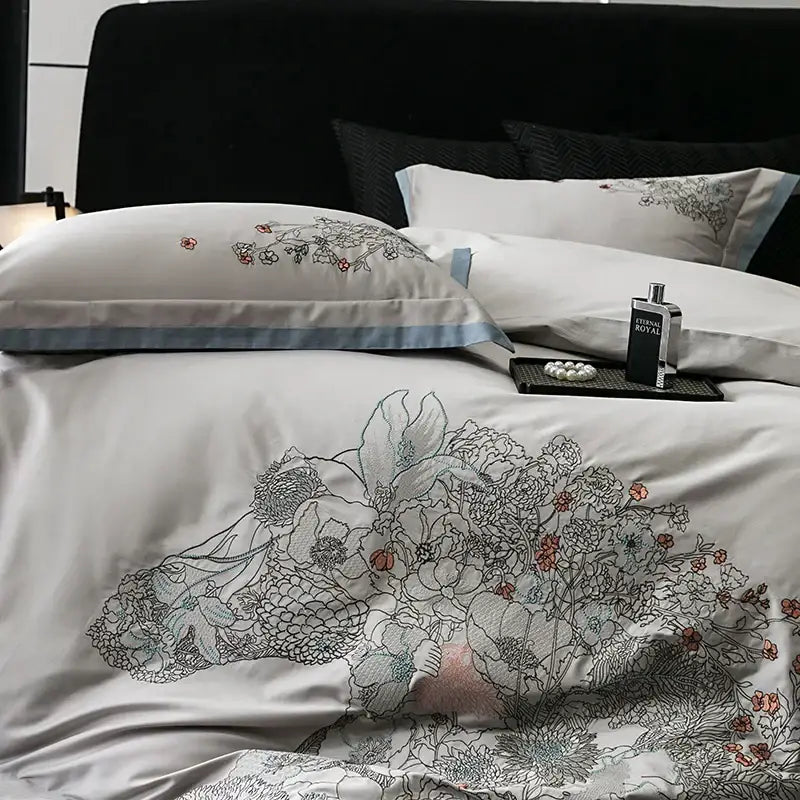 White satin duvet cover with black gray and soft pink floral embroidery in decorbites cotton flowers horse bedding set