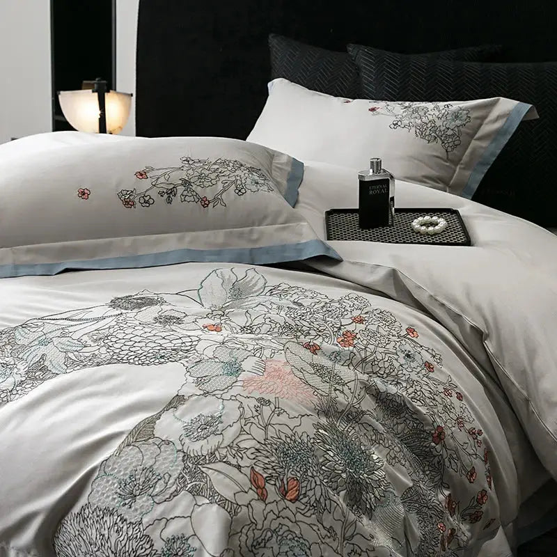 White satin bedding set with delicate gray black and blush pink floral embroidery for decorbites cotton flowers horse