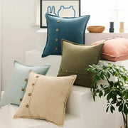 Beige cotton linen cushion cover with wooden buttons down center for living room decor by decorbites cotton linen