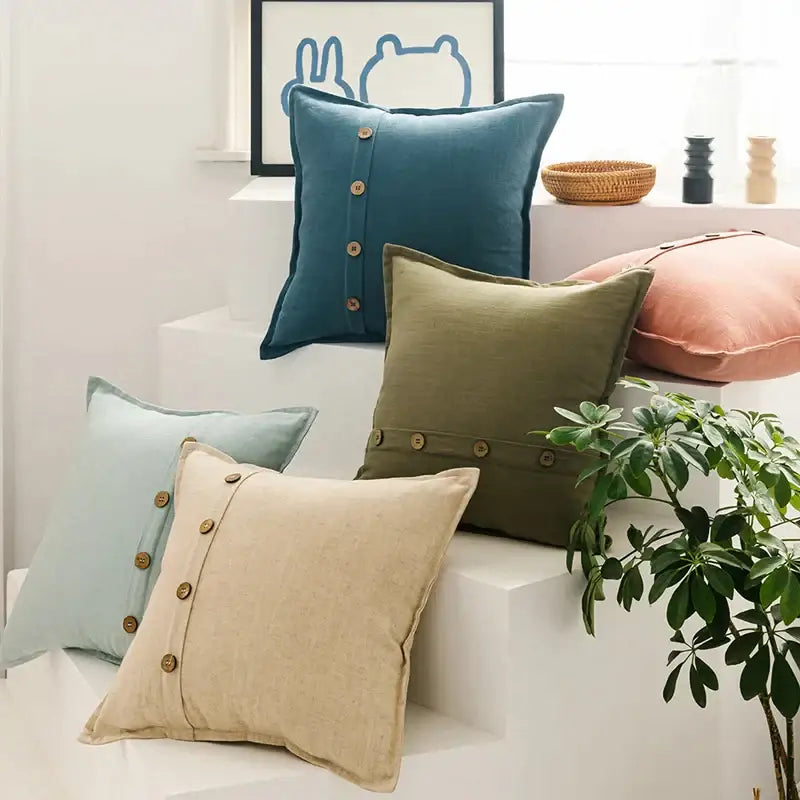 Beige cotton linen cushion cover with wooden buttons down center for living room decor by decorbites cotton linen
