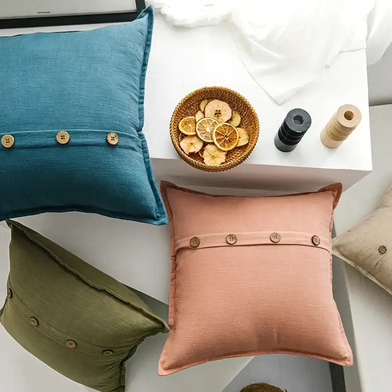 Teal cotton linen cushion cover with three wooden buttons for living room decor by decorbites cotton linen