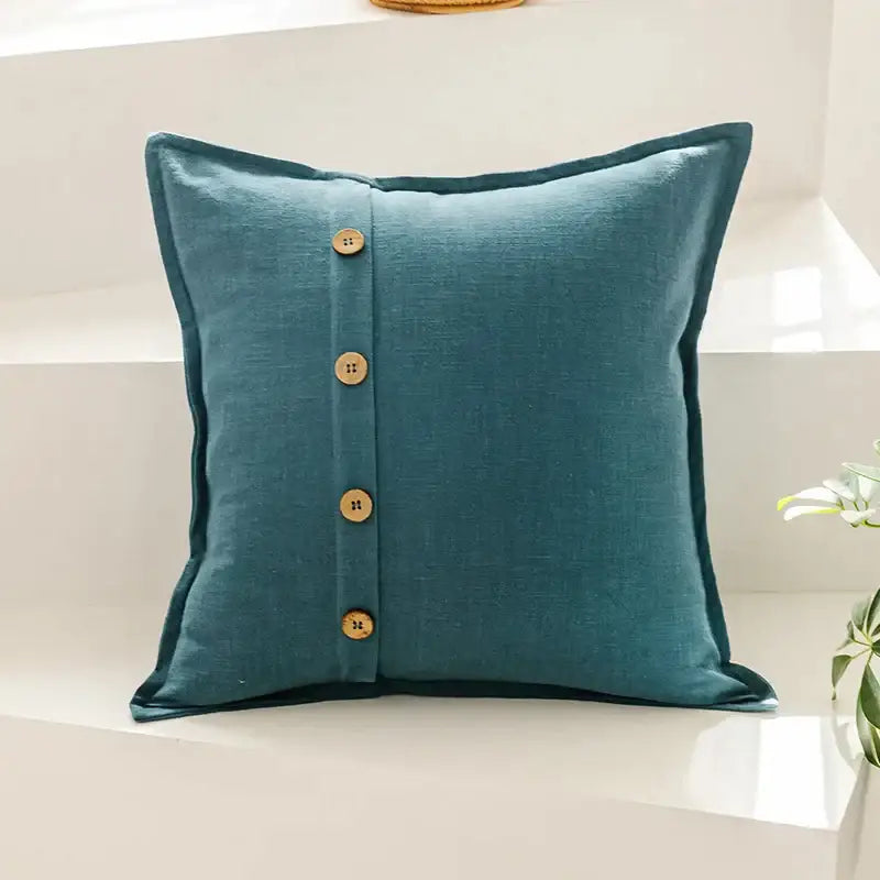 Teal cotton linen cushion cover with four wooden buttons for living room decorbites cotton linen decorbites cushion cover
