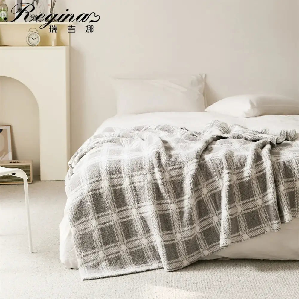 Beige and cream fluffy stripe plaid microfiber throw blanket with gray and white plaid soft textured weave decorbites fluffy stripe
