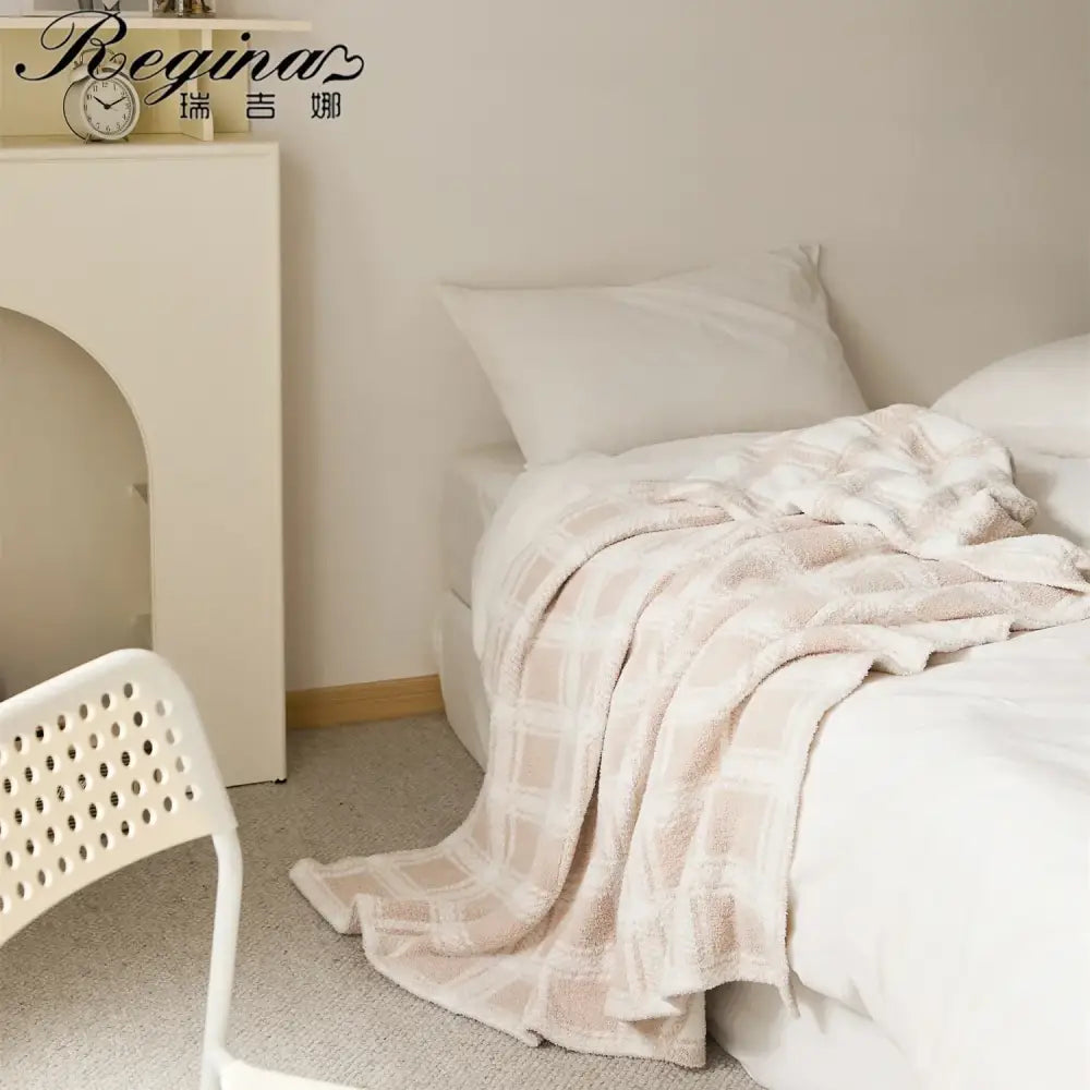 Soft beige and cream fluffy stripe plaid blanket with plush textured microfiber surface for bedroom decorbites fluffy stripe