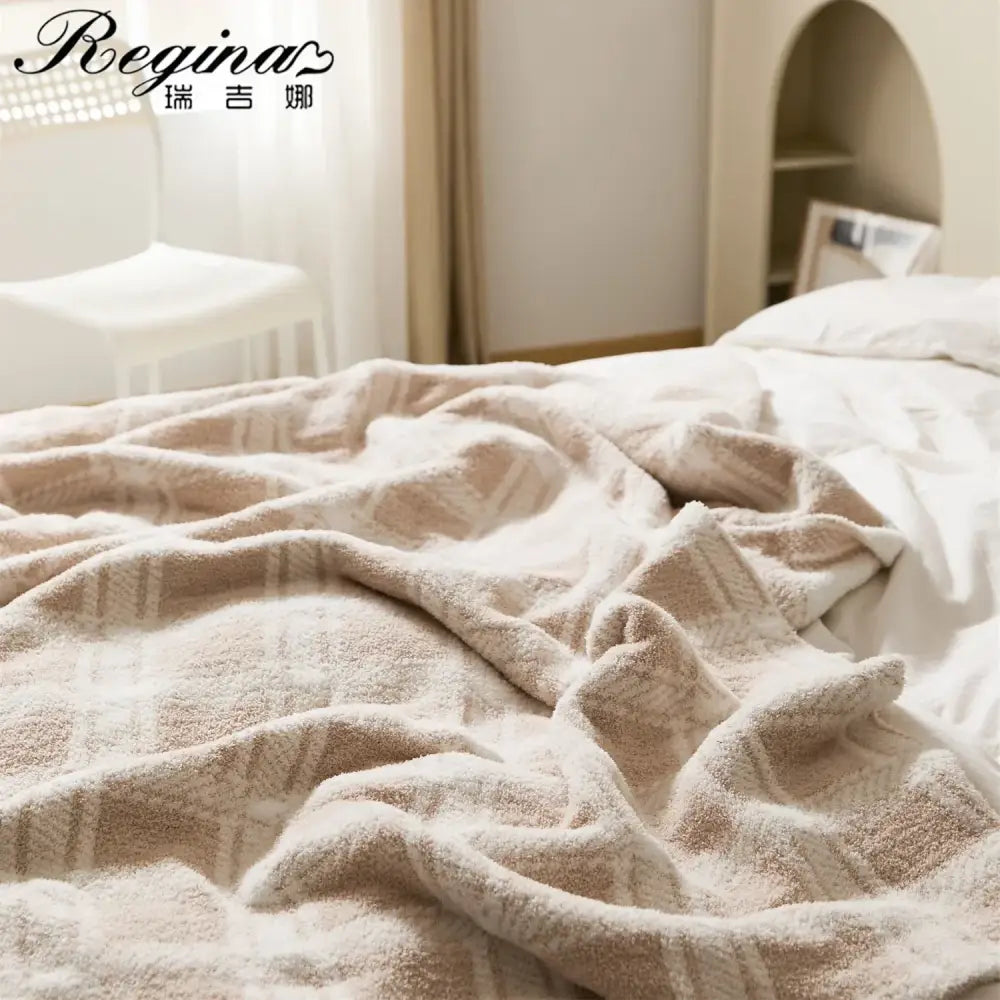 Beige and cream fluffy stripe plaid microfiber throw blanket with soft textured terry cloth finish for cozy decorbites style