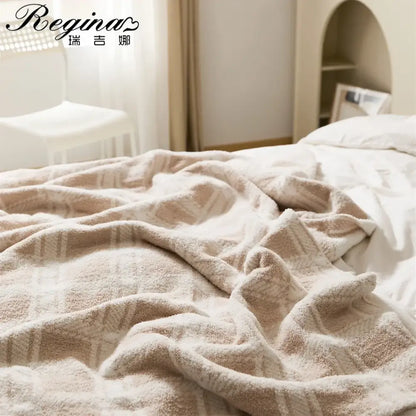 Beige and cream fluffy stripe plaid microfiber throw blanket with soft textured terry cloth finish for cozy decorbites style