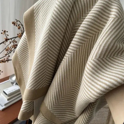 Beige and cream herringbone cozy striped blanket with textured knit weave ideal for living room decorbites cozy throw