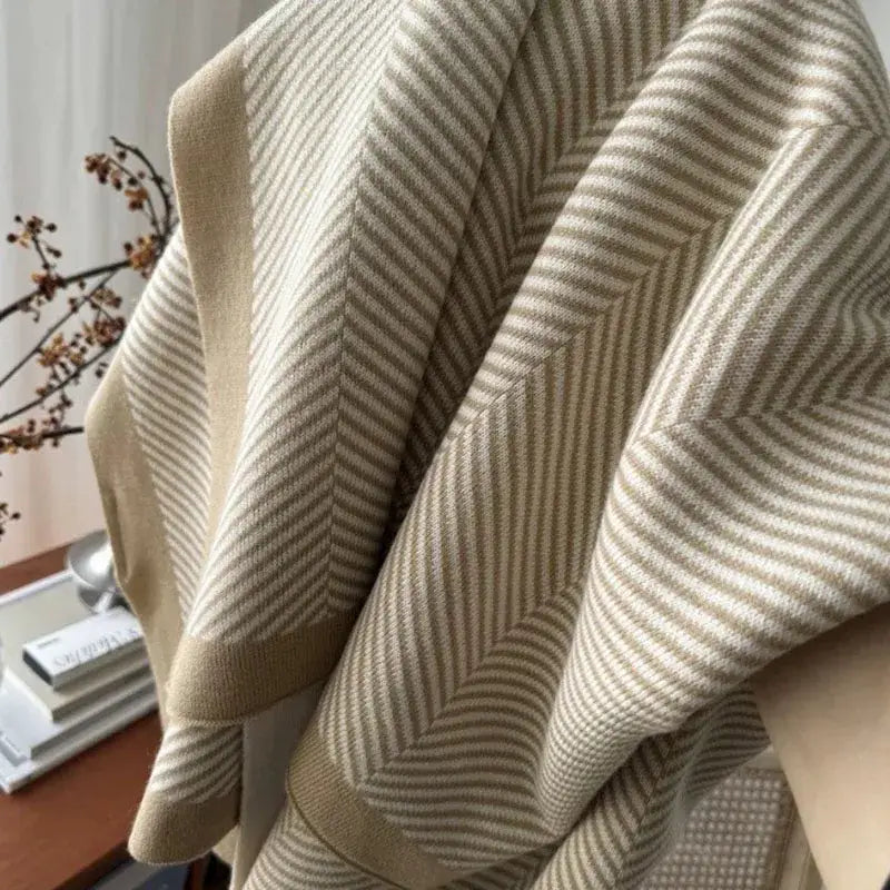 Beige and cream herringbone cozy striped blanket with textured knit weave ideal for living room decorbites cozy throw