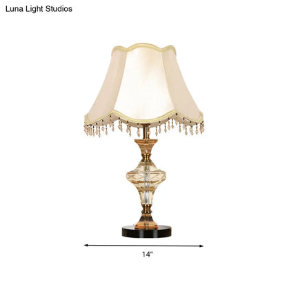 Beige Crystal-Drapped Bell Nightstand Lamp | Lodge Bedroom Light