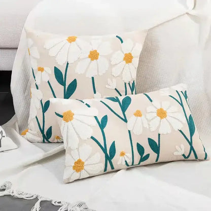 Beige daisy floral geometric pillow cover with cream rectangular shape embroidered white daisies for living room decorbites decor