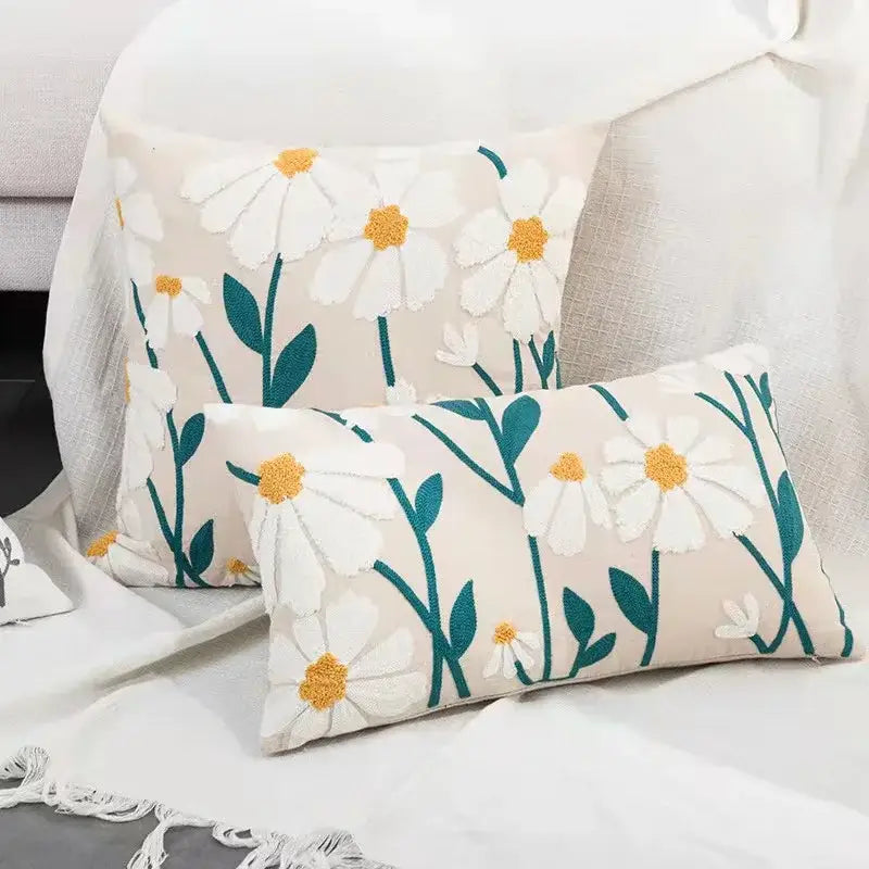 Beige daisy floral geometric pillow cover with cream rectangular shape embroidered white daisies for living room decorbites decor