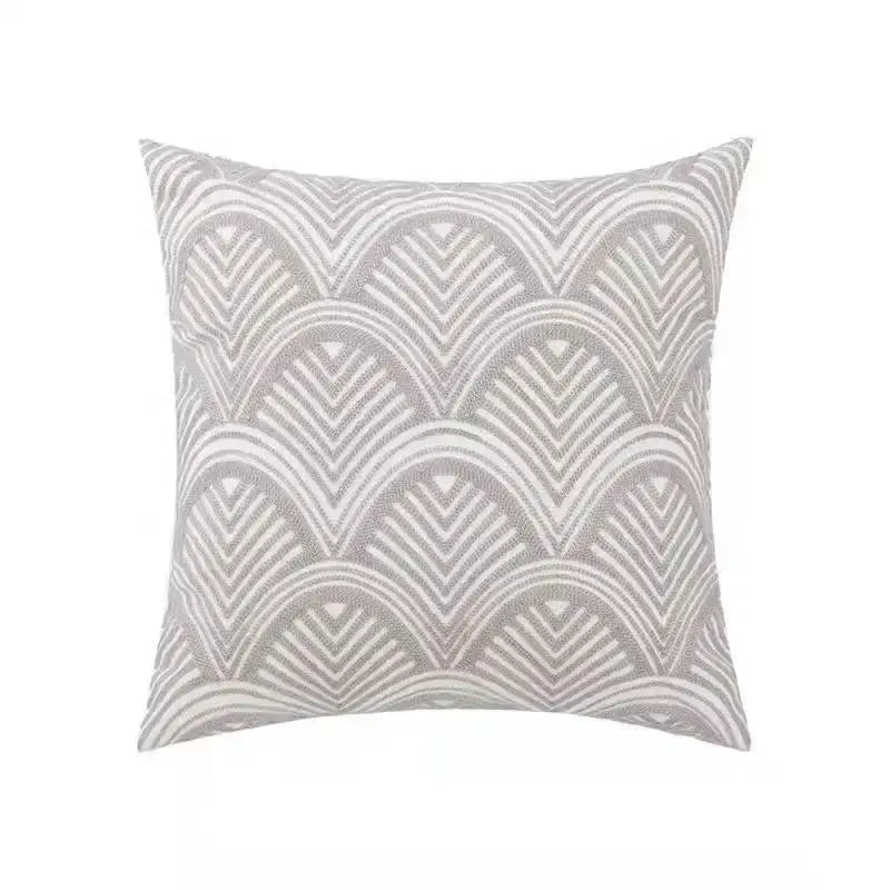 Beige daisy floral geometric pillow cover with textured embroidered gray and white fan-shaped waves for living room decorbites decor