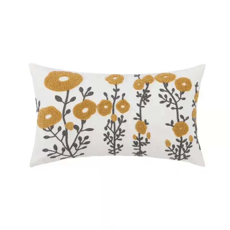 Beige daisy floral geometric pillow cover featuring embroidered mustard-yellow flowers with dark gray stems for decorbites decor