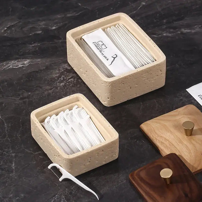 Beige textured natural stone double decker jewelry organizer with matching lids for toothpick and dental floss storage